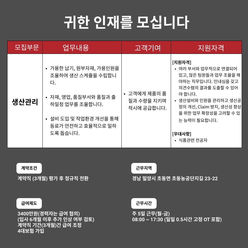[(주)선인] [밀양/생산관리] 팀워크를 통해 제품 생산에 기여할 인재 채용 - 사람인